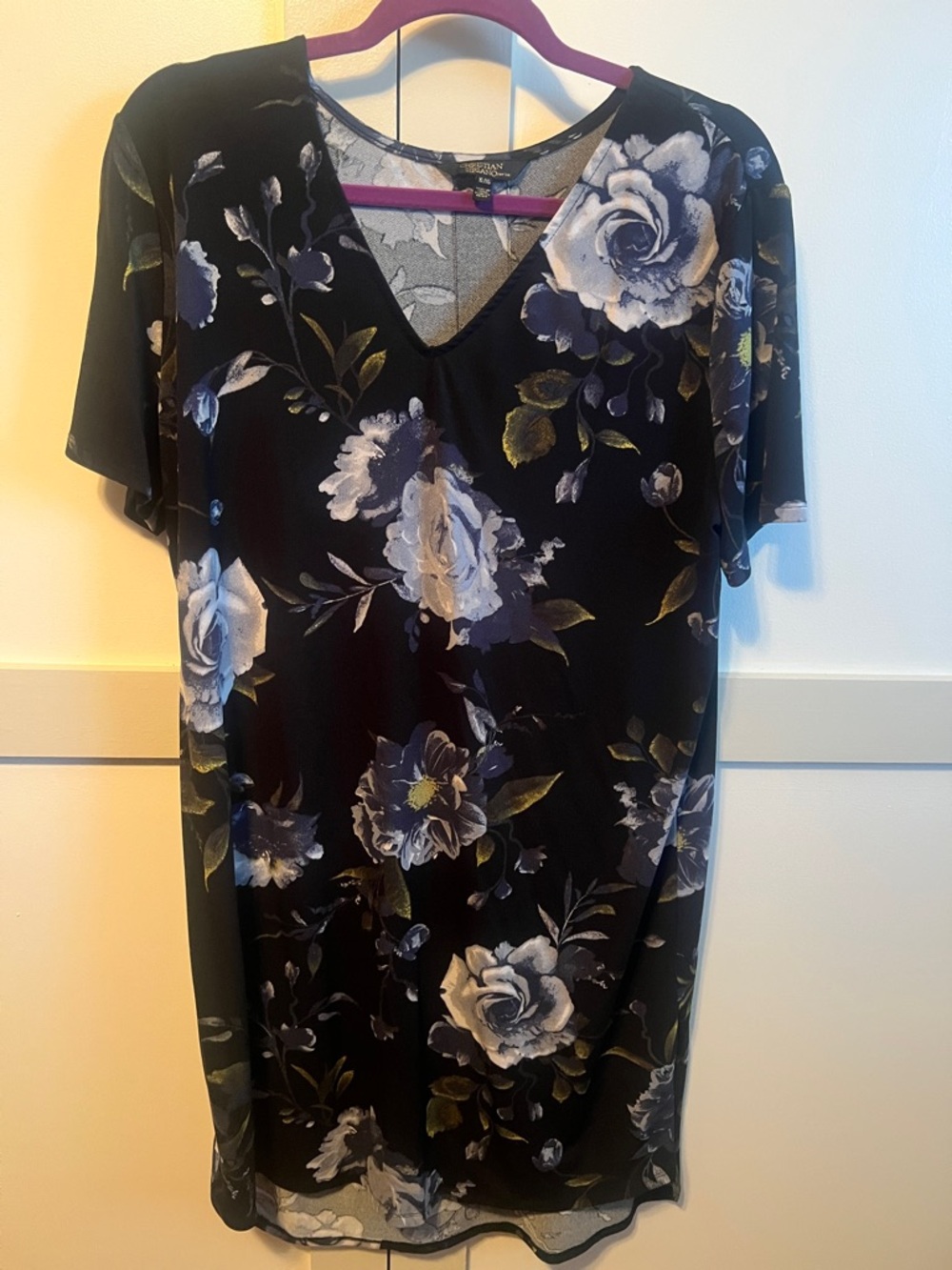Christian Siriano Black Floral Midi Dress with Blue and White Roses